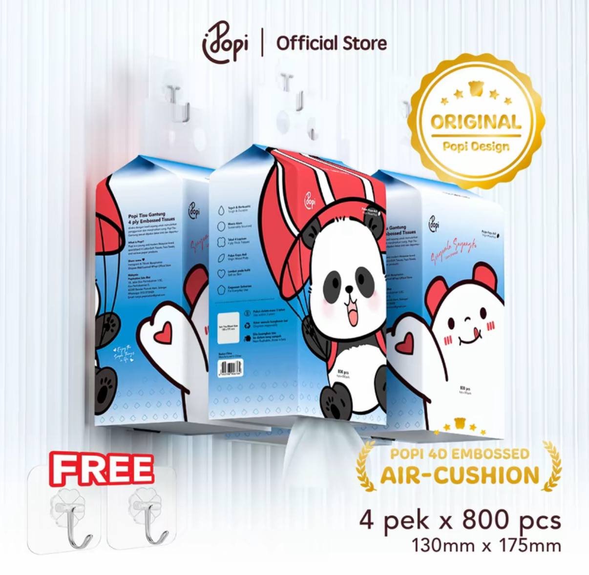 [4 pek TISU PANDA POPI] Popi Tisu Gantung Viral 4 Lapisan 800 Helai, Tisu Panda Air Cushion Tebal + FREE 2 HOOK + Kotak (130mm x 175mm)